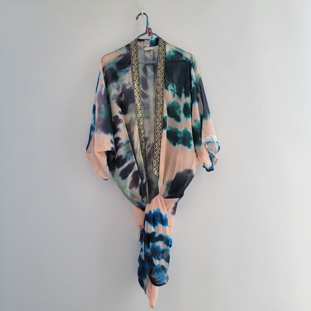Sukiso Teal Goddess Tie Dye Swim Beach Cover Up One Size Maxi‎ Flowy Gold